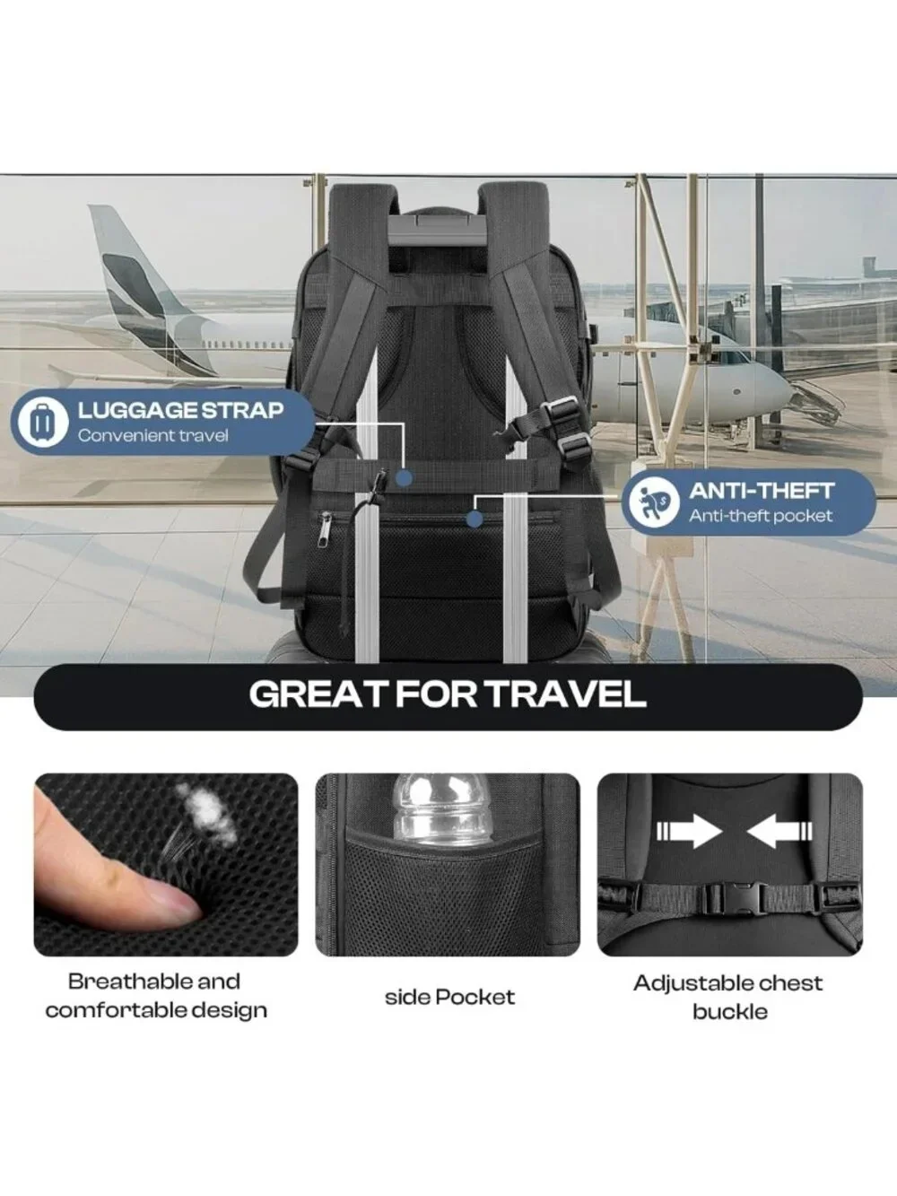 Extra Large 40L-50L Carry-On Backpack, Expandable, Water-Resistant, TSA